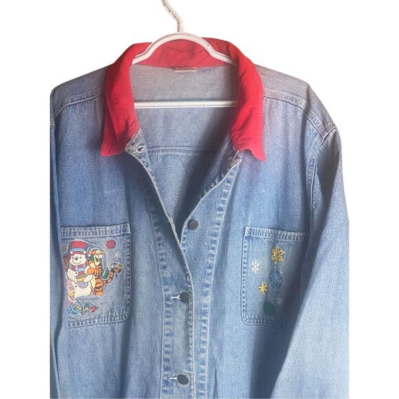 Vintage Disney Winnie the Pooh Denim Shacket Christmas Embroidered Red Collar 2X - Picture 4 of 7